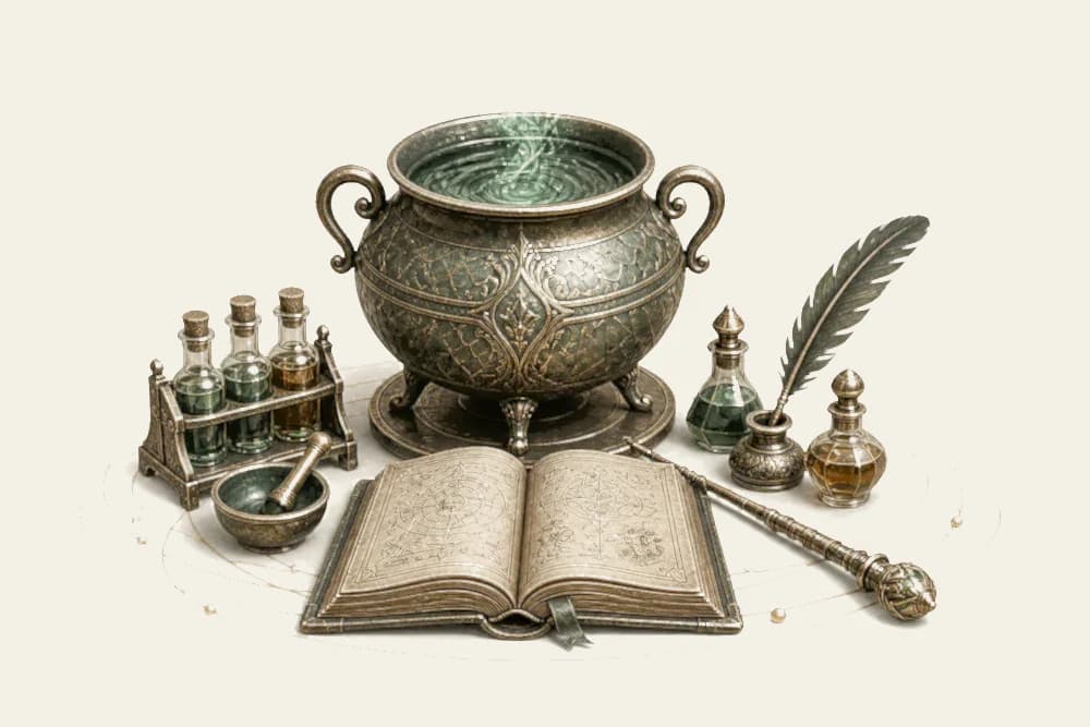 Алхимический стол с котлом, книгой, пером и волшебными флаконами