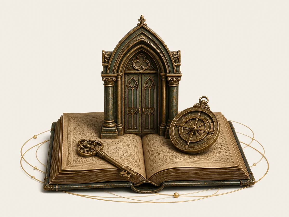 Бронзовая музейная арка, старинная книга, ключ и астролябия